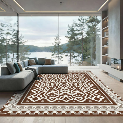 Brown White Intricate Geometric Medallion Rug