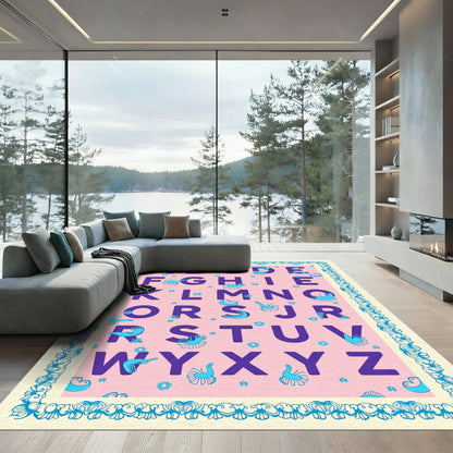 Playful Pink Alphabet Whimsical Creatures Rug