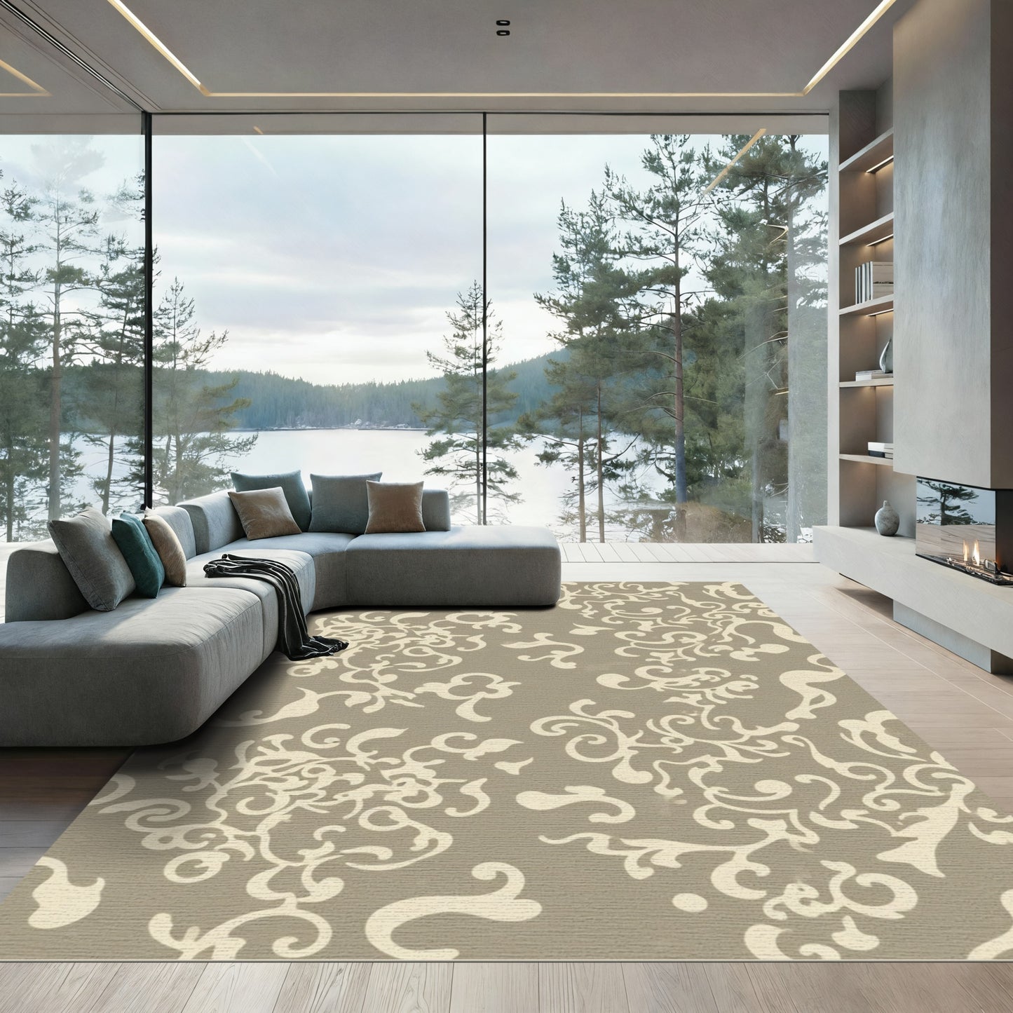 Cream Abstract Floral Swirl Rug
