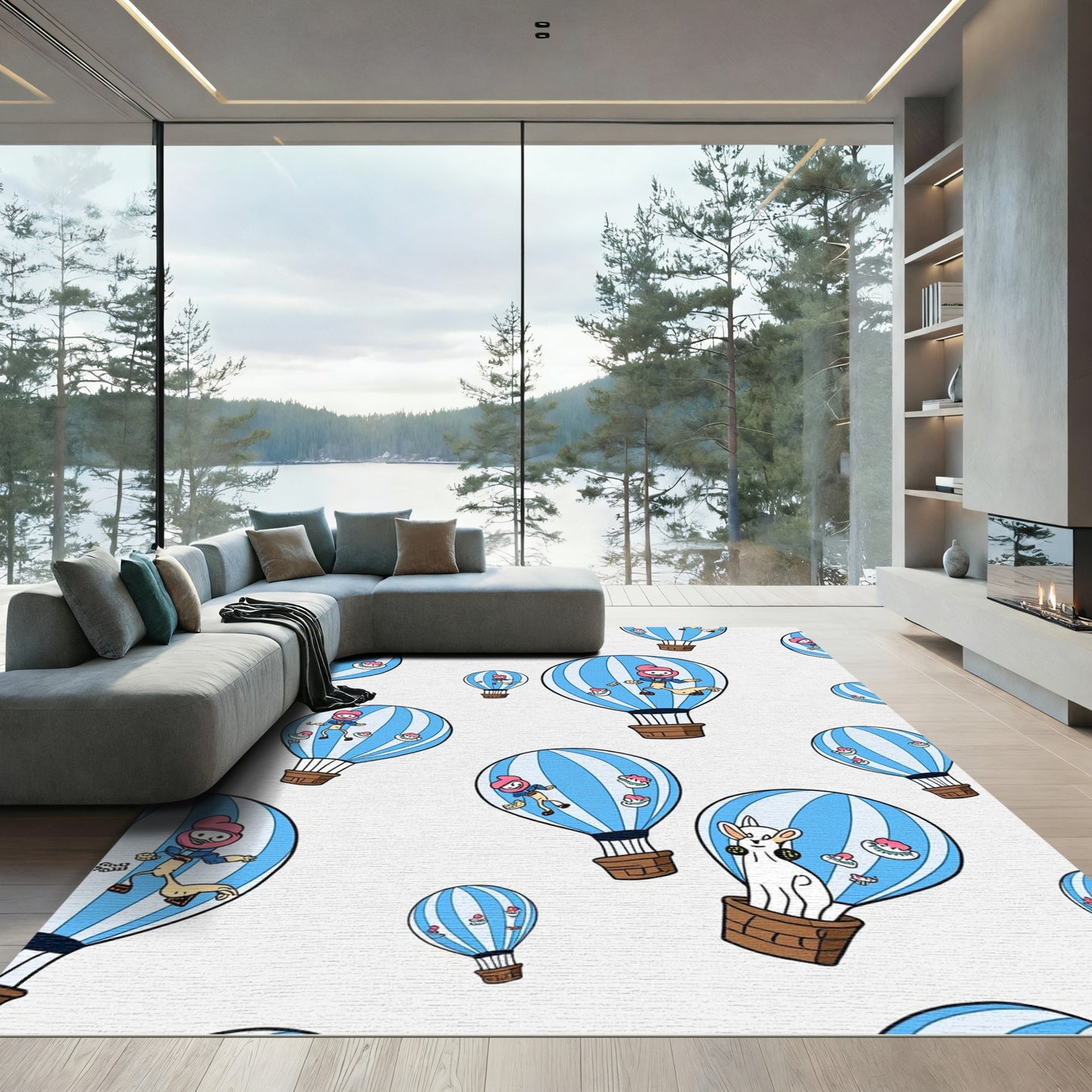 Whimsical Blue Striped Hot Air Balloons Rug