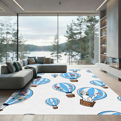 Whimsical Blue Striped Hot Air Balloons Rug