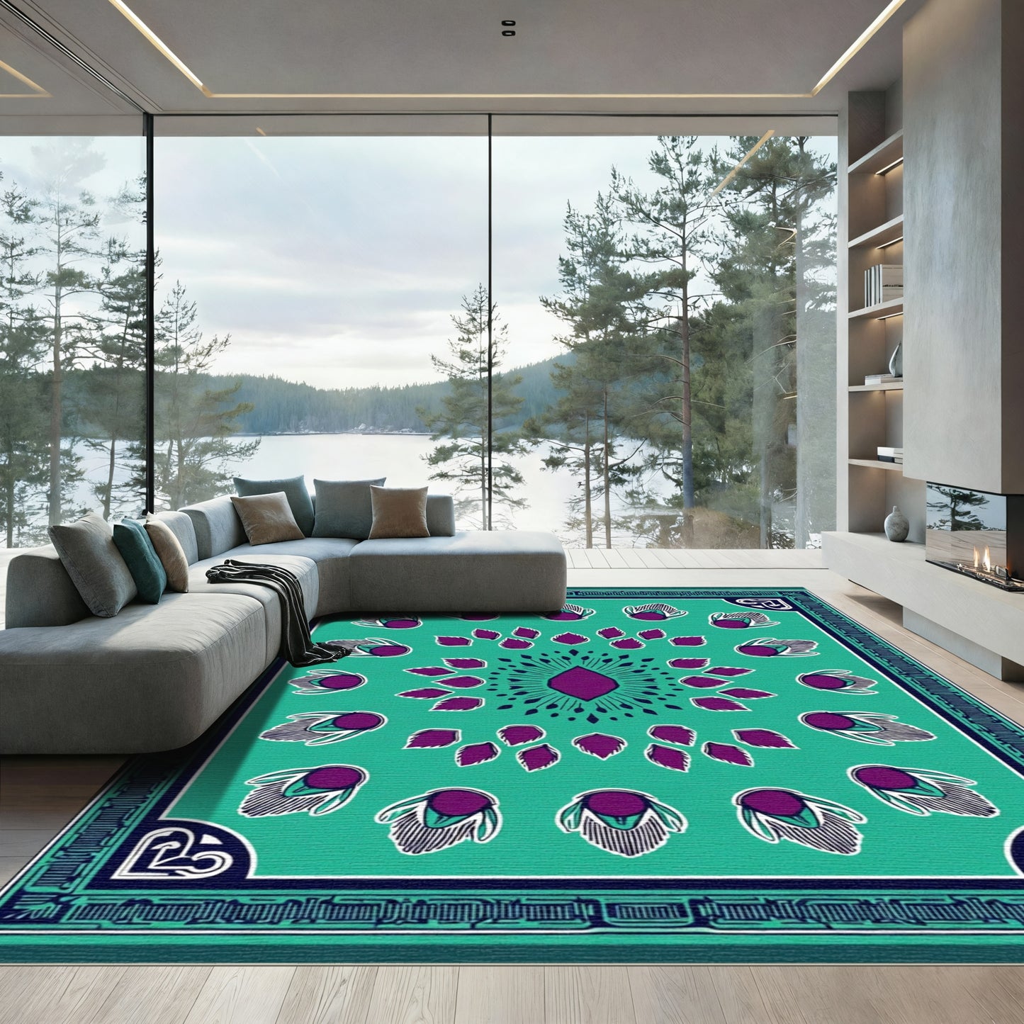 Teal Plum Feather Mandala Rug