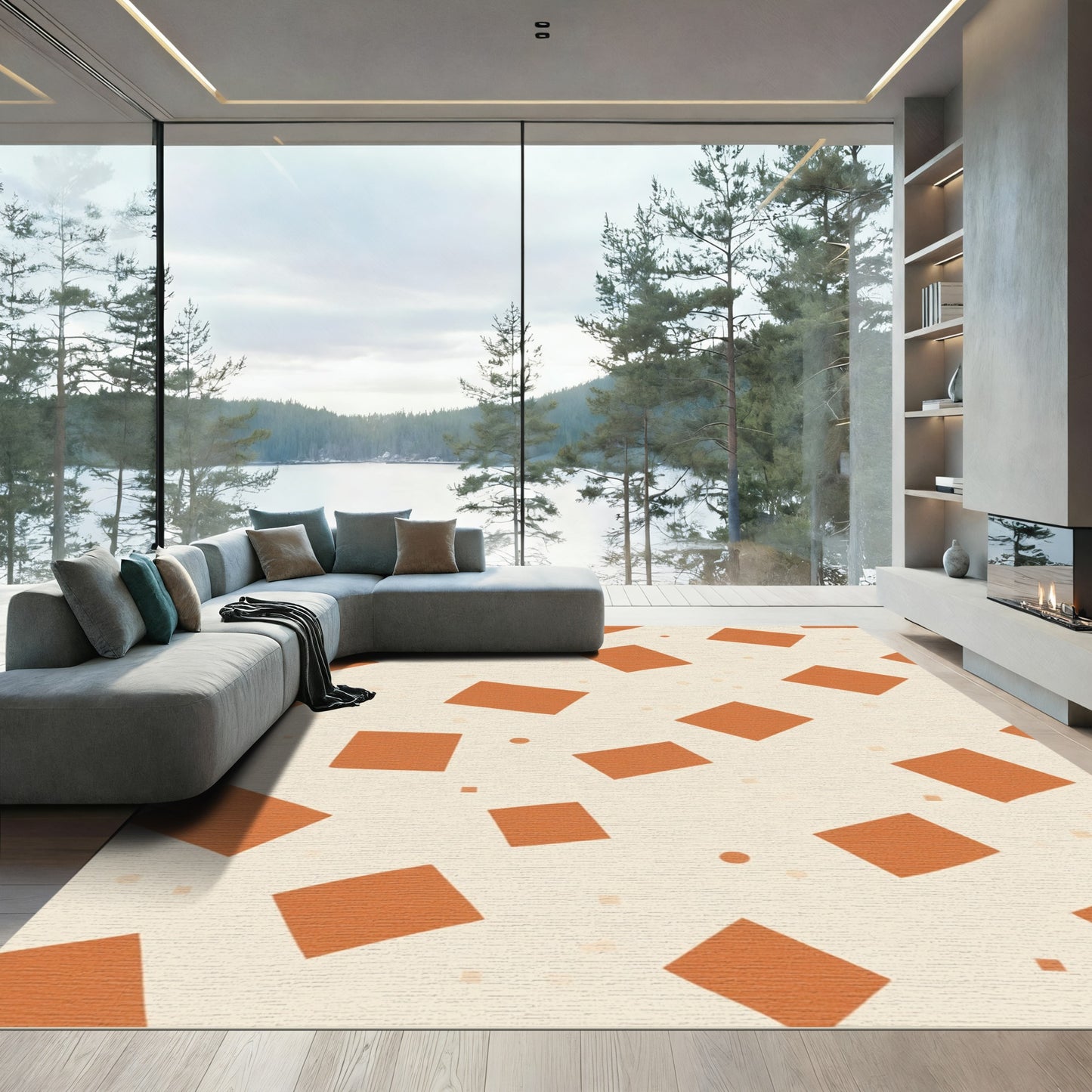 Coral Scatter Geometric Squares Rug