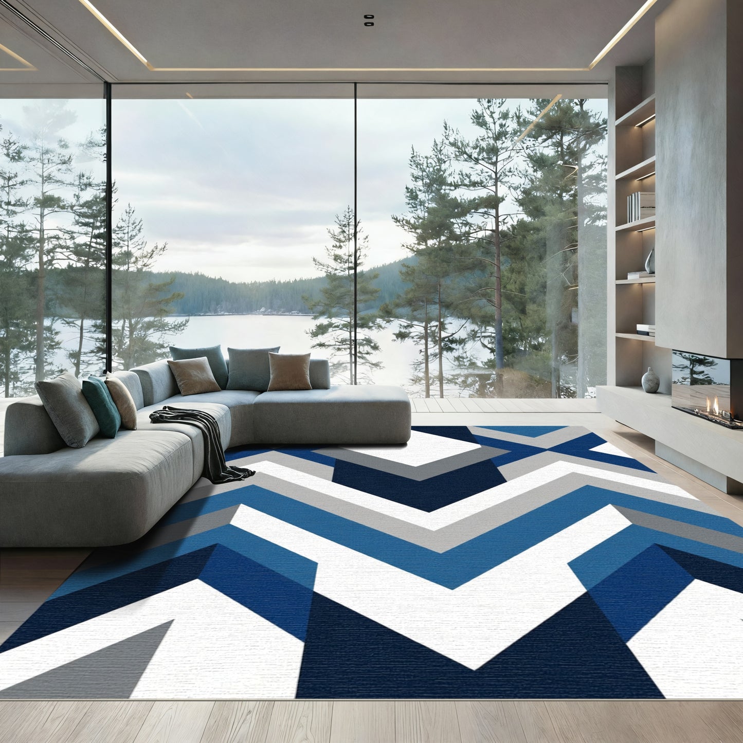 Navy Blue Geometric Chevron Modern Rug