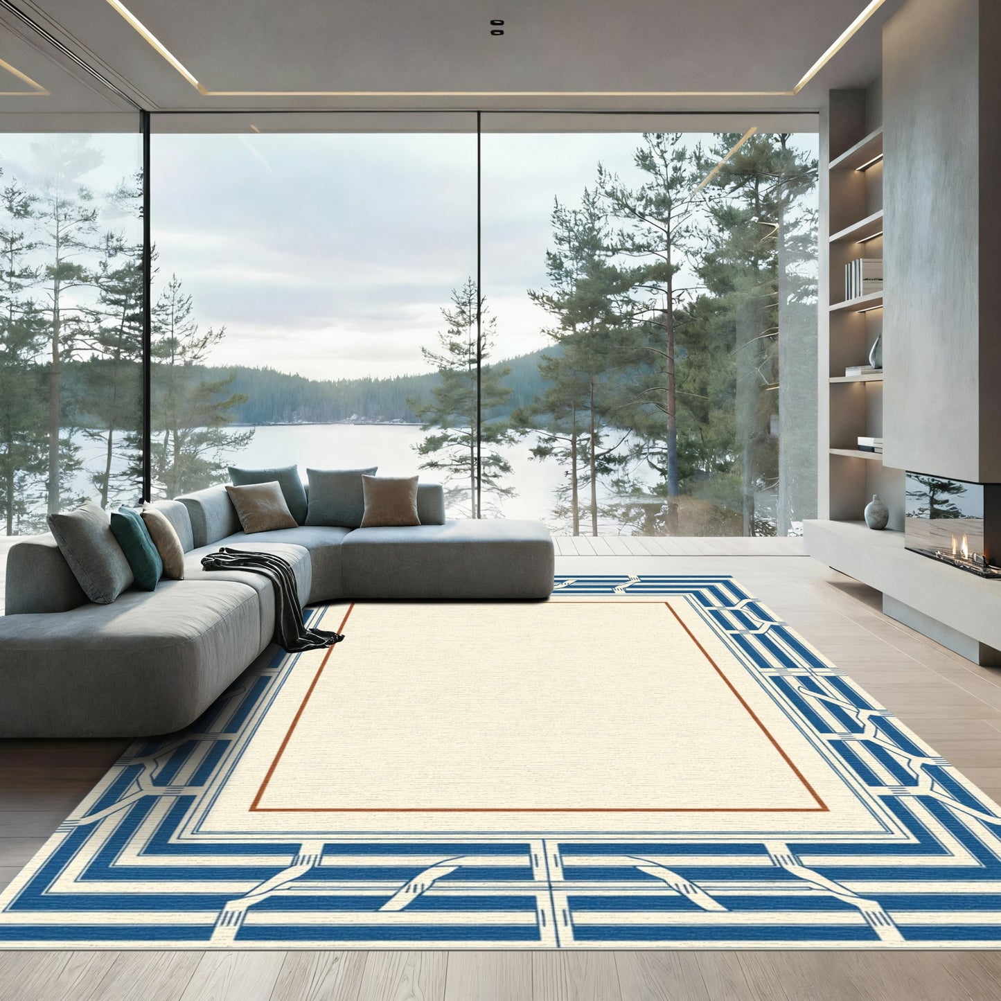 Blue Cream Geometric Art Deco Frame Rug