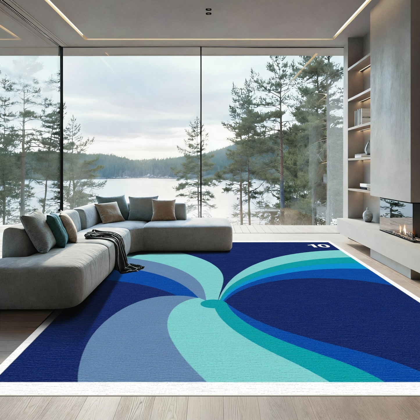 Aqua Blue Swirling Arc Arrangement Rug