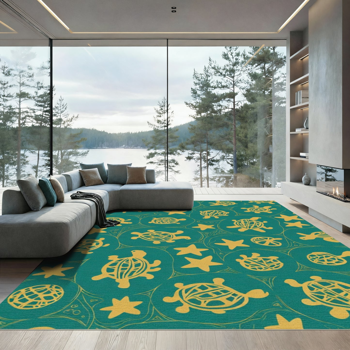 Golden Turtle Starfish Teal Circles Rug