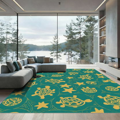 Golden Turtle Starfish Teal Circles Rug