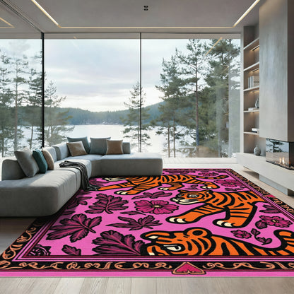 Vibrant Pink Tiger Floral Collection Rug