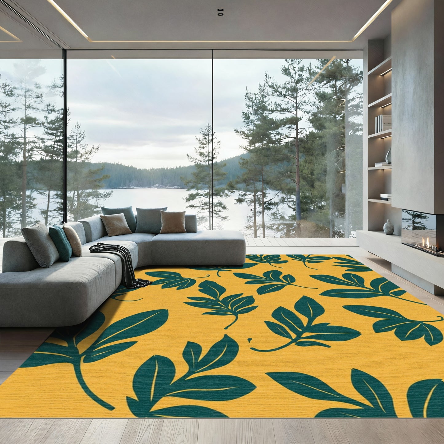 Teal Leafy Botanical Mustard Yellow Rug