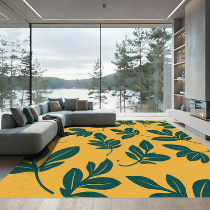 Teal Leafy Botanical Mustard Yellow Rug