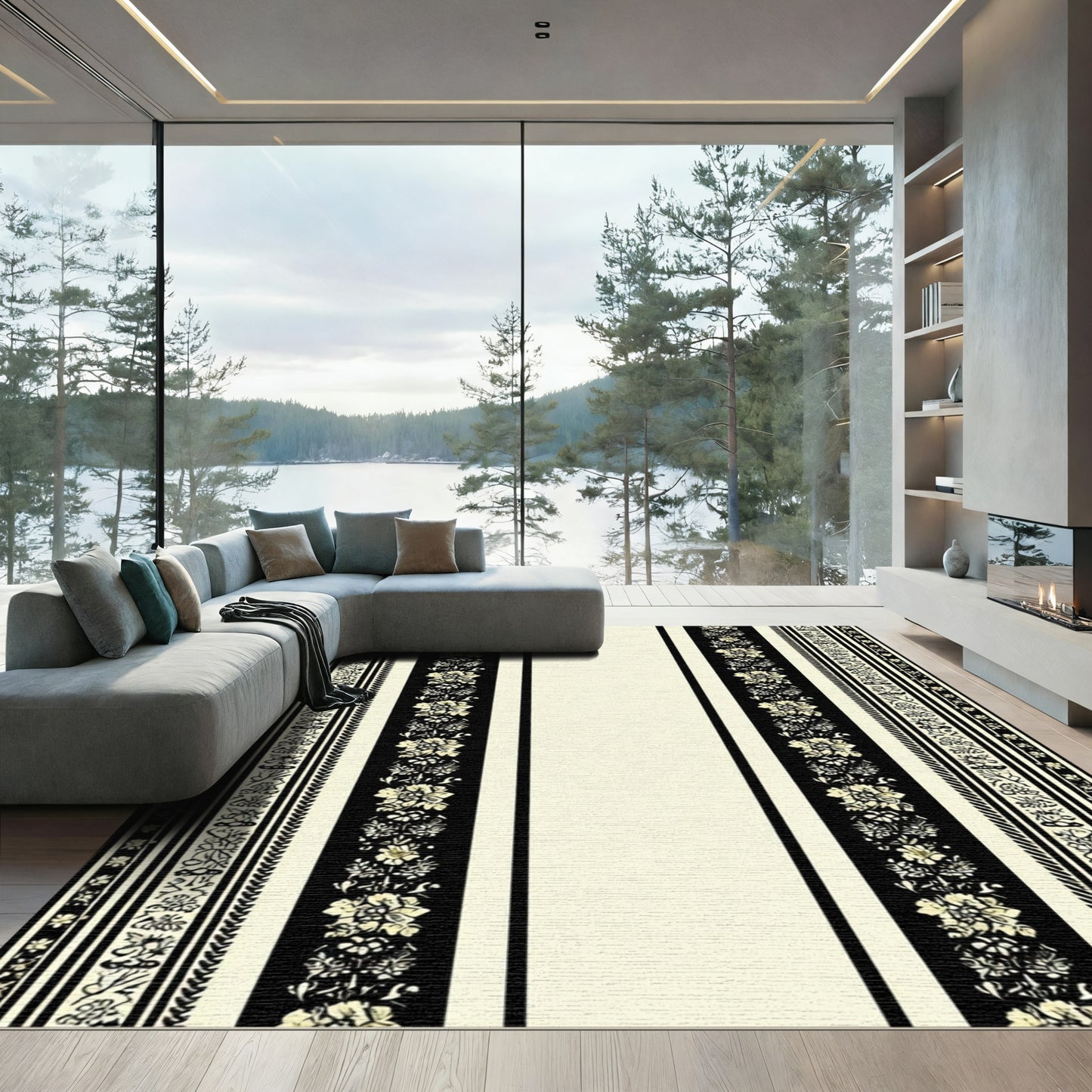 Vintage Black Ivory Floral Stripe Rug