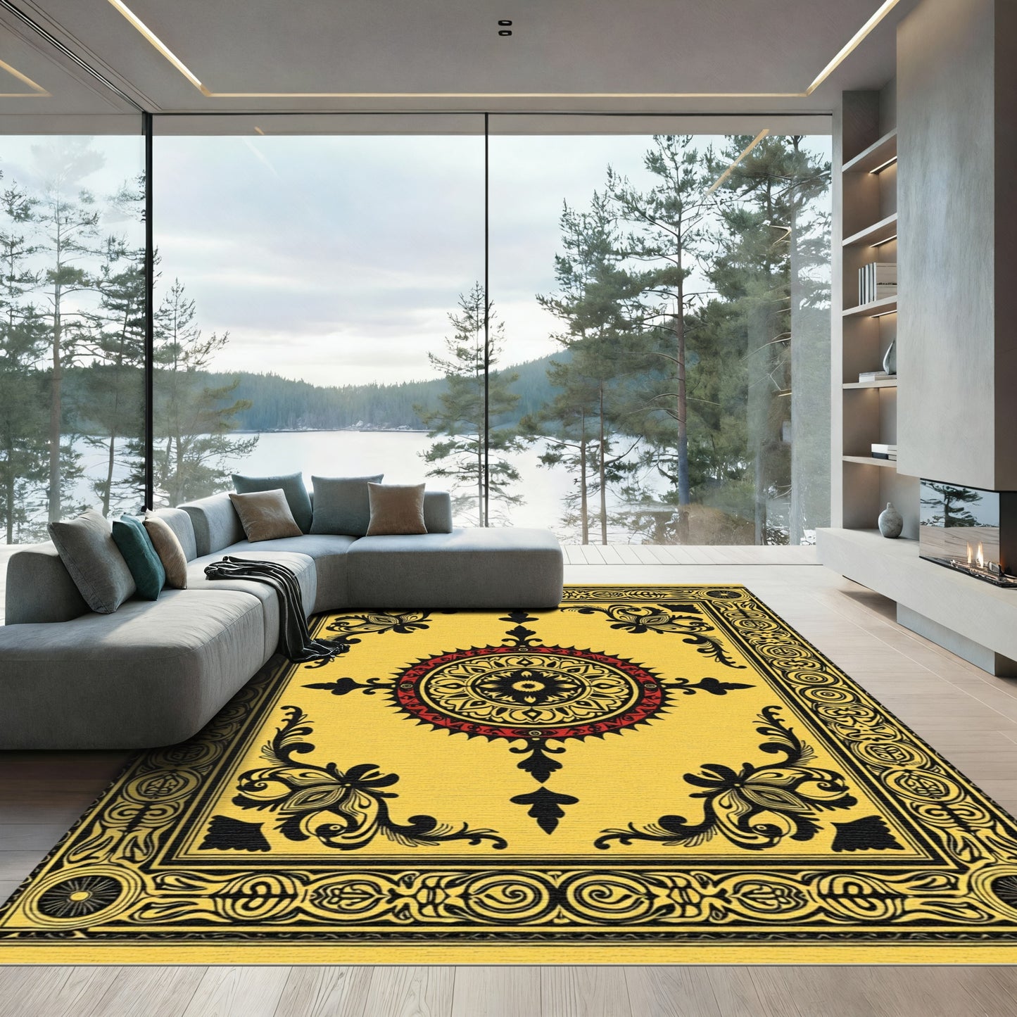 Vibrant Yellow Medallion Black Red Rug