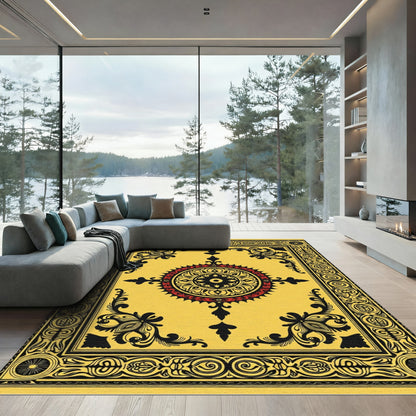Vibrant Yellow Medallion Black Red Rug