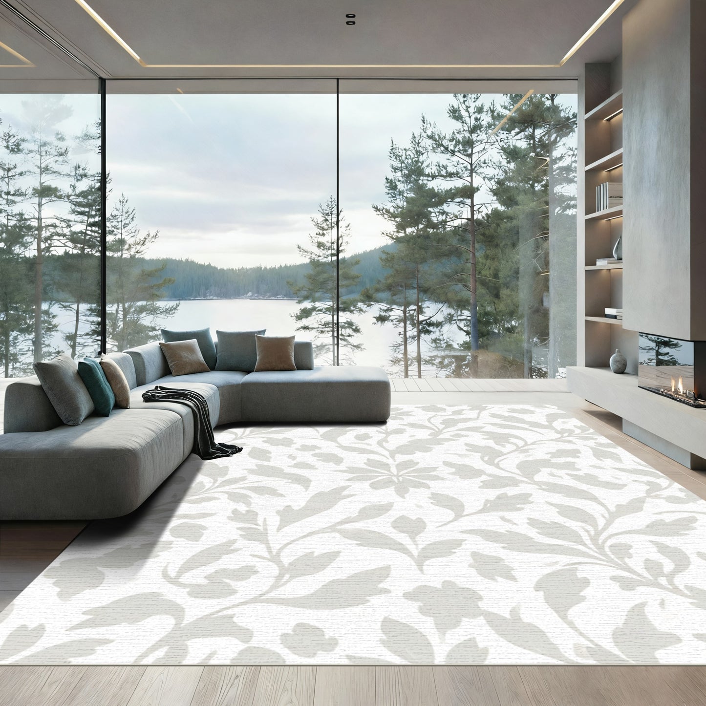Soft Grey Chinoiserie Floral Swirl Rug