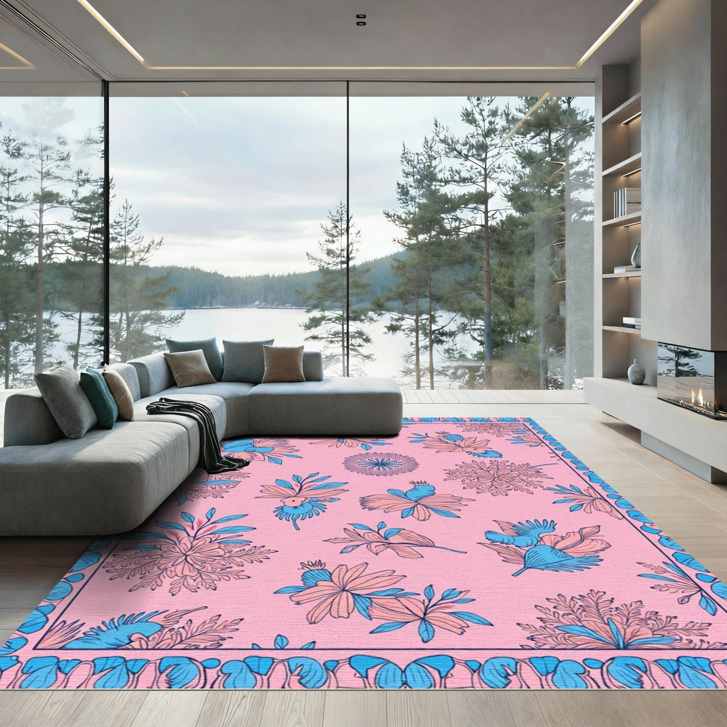 Pink Blue Floral Scatter Arrangement Rug