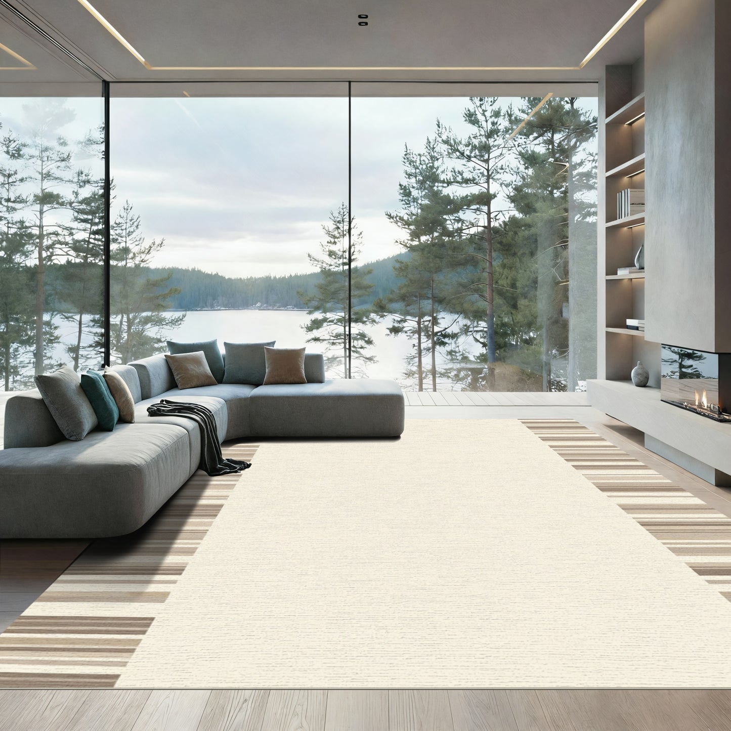 Neutral Toned Horizontal Stripe Border Rug