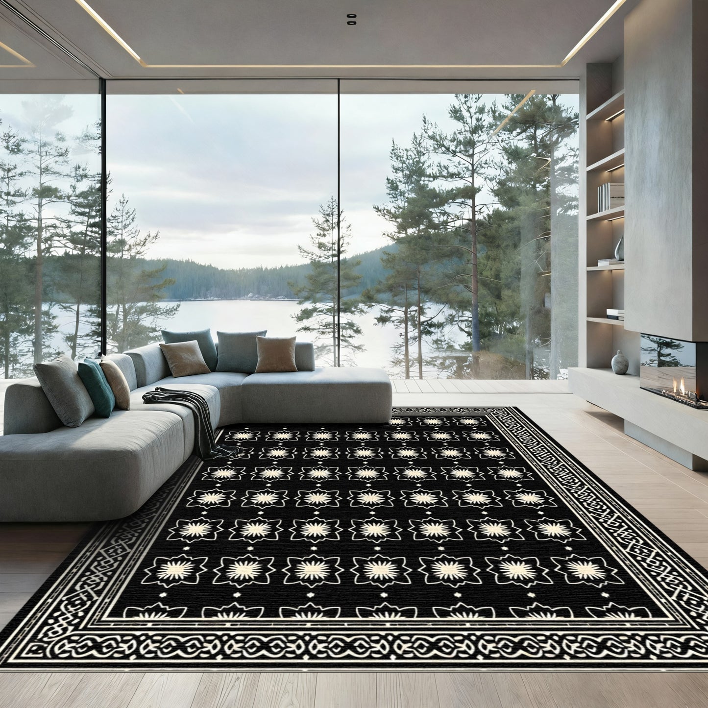 Black Cream Starburst Floral Bordered Rug