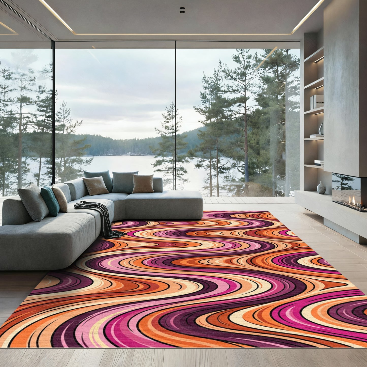Warm Sunset Ripples Abstract Rug