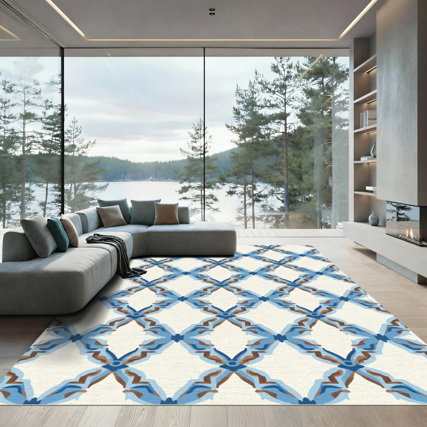 Blue Brown Diamond Lattice Medallion Rug