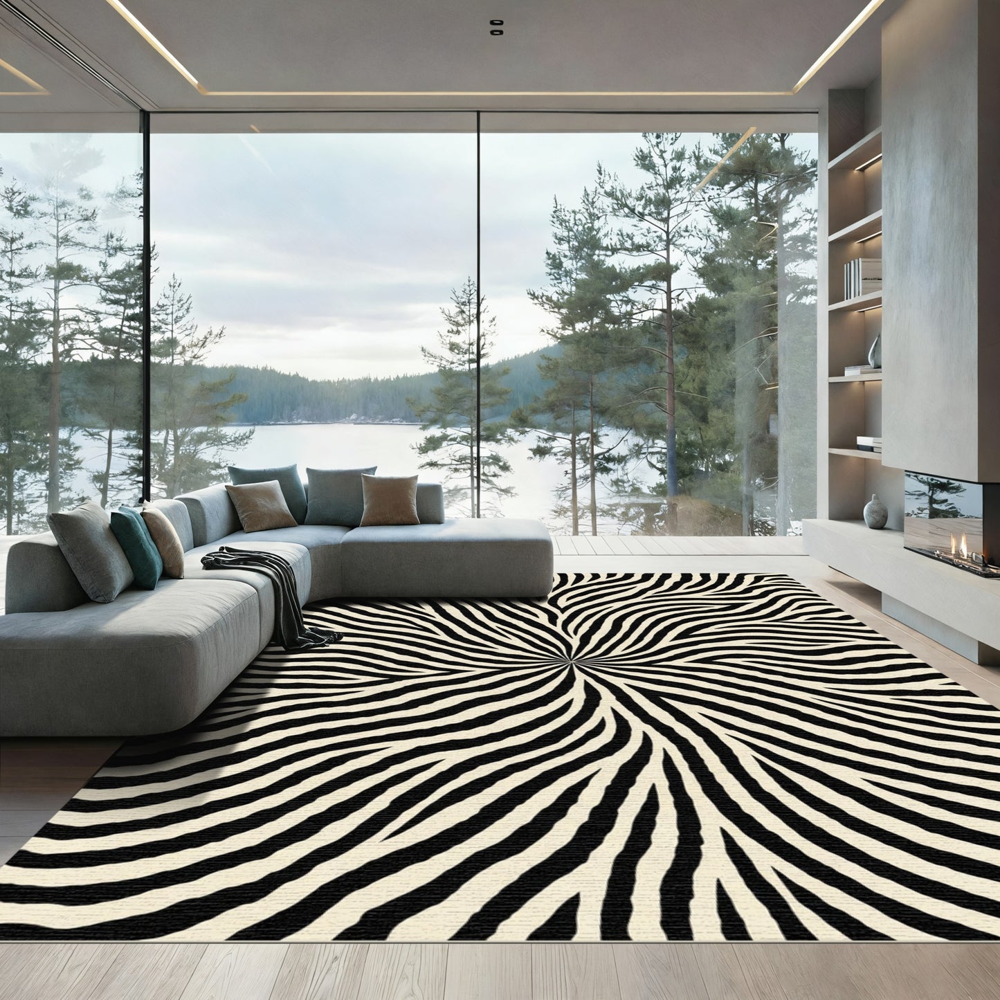 Black White Radial Swirl Rug