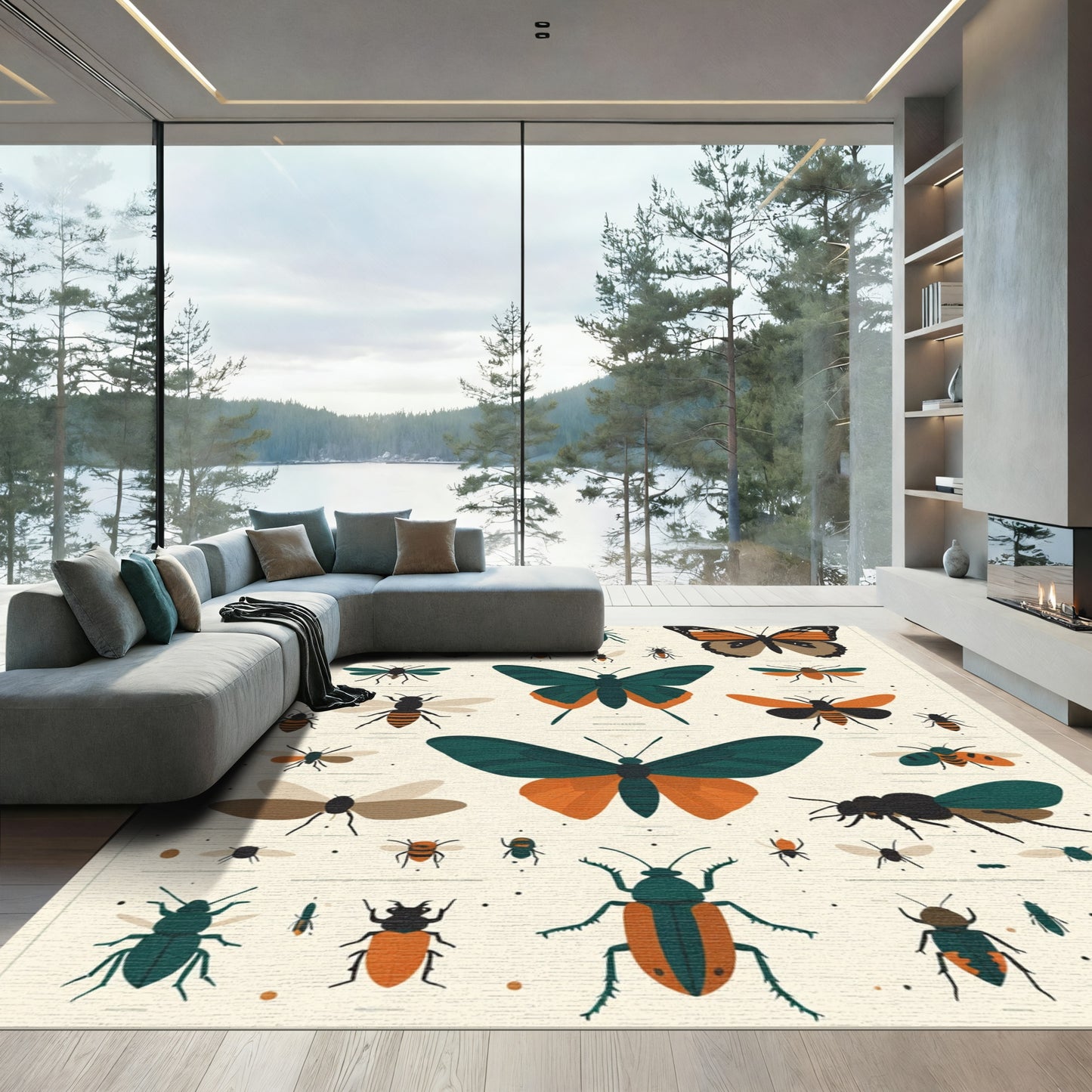 Orange Teal Insect Butterfly Collection Rug