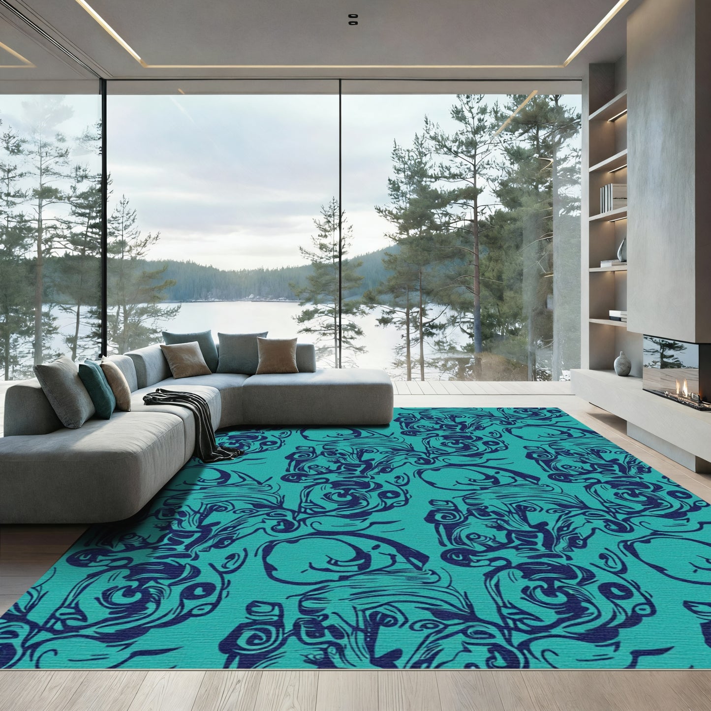 Teal Blue Gestural Figure Collage Rug