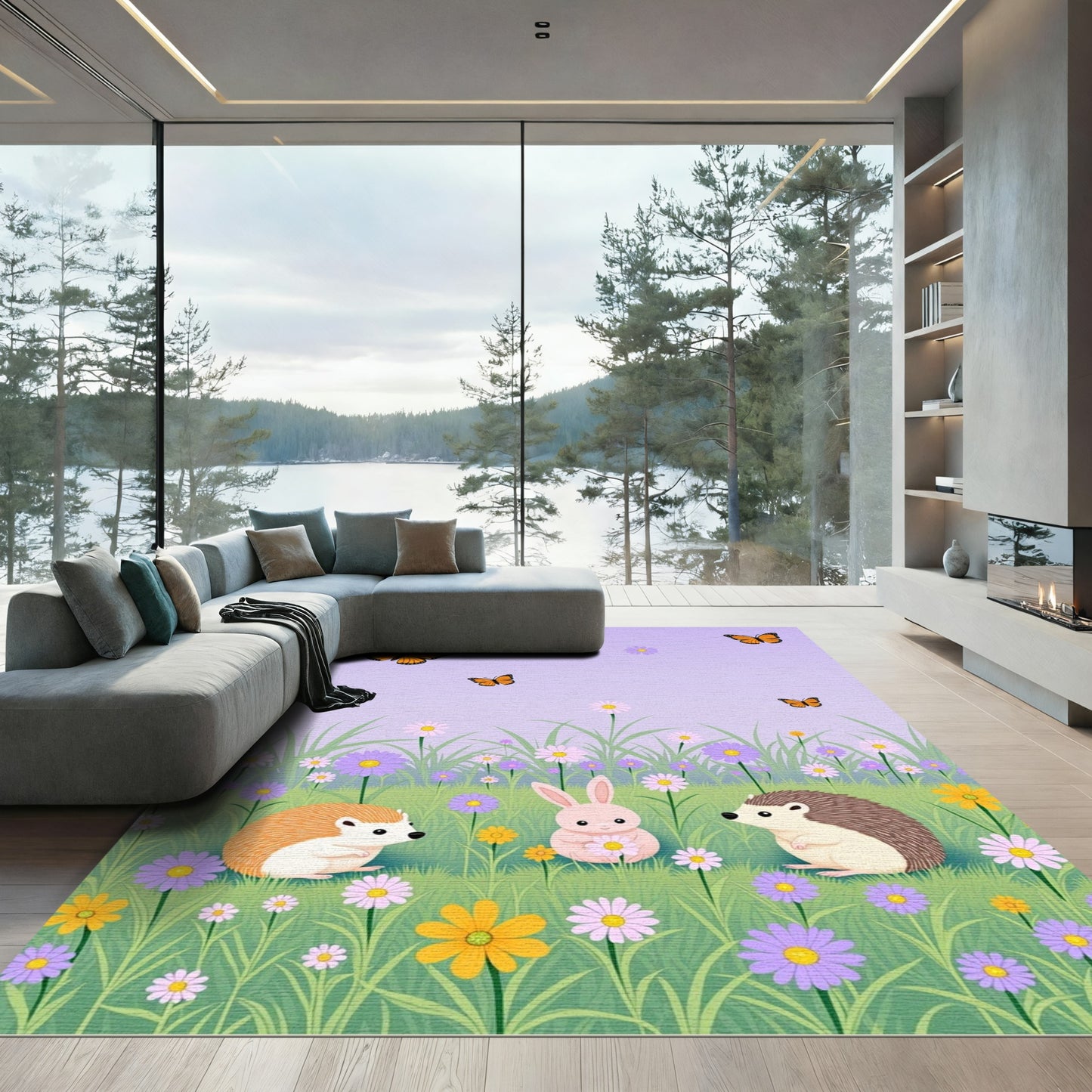 Orange Butterflies Amongst Wildflower Meadow Rug