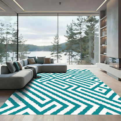 Teal White Geometric Maze Rug