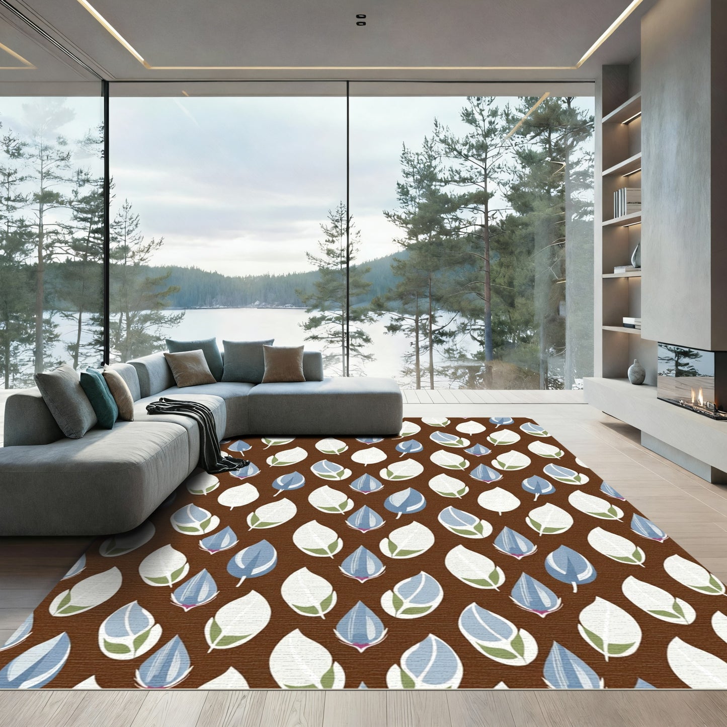 Brown Abstract Blue White Petal Rug