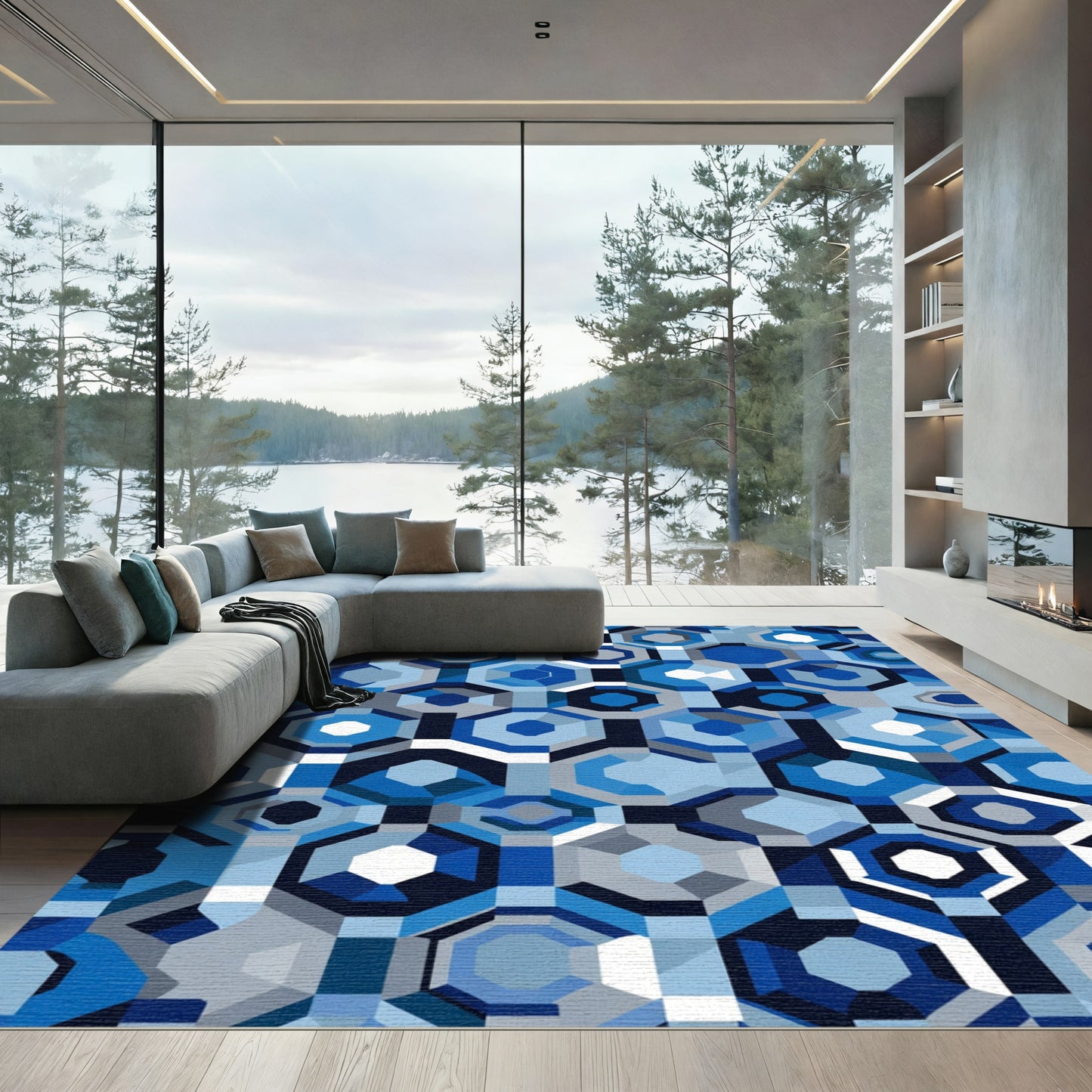 Geometric Deep Blue Hexagon Collage Rug