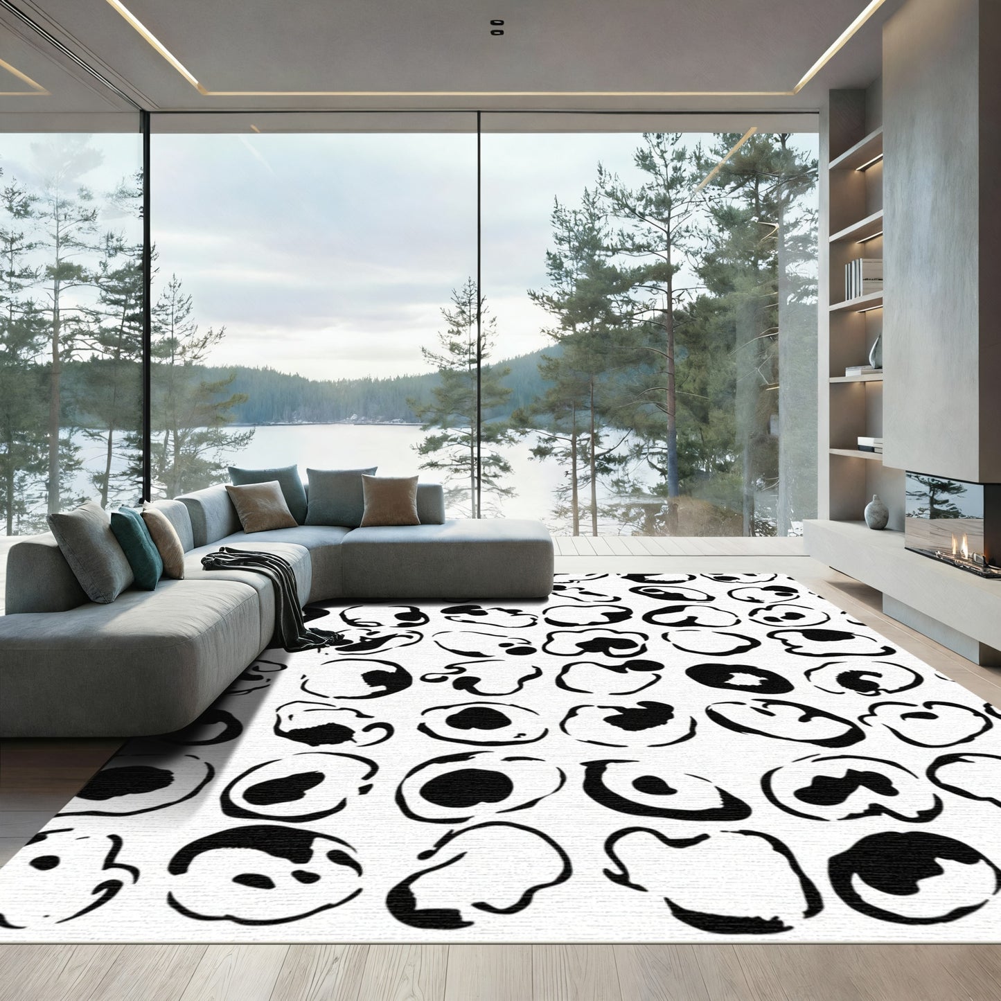 Abstract Black White Organic Shapes Rug