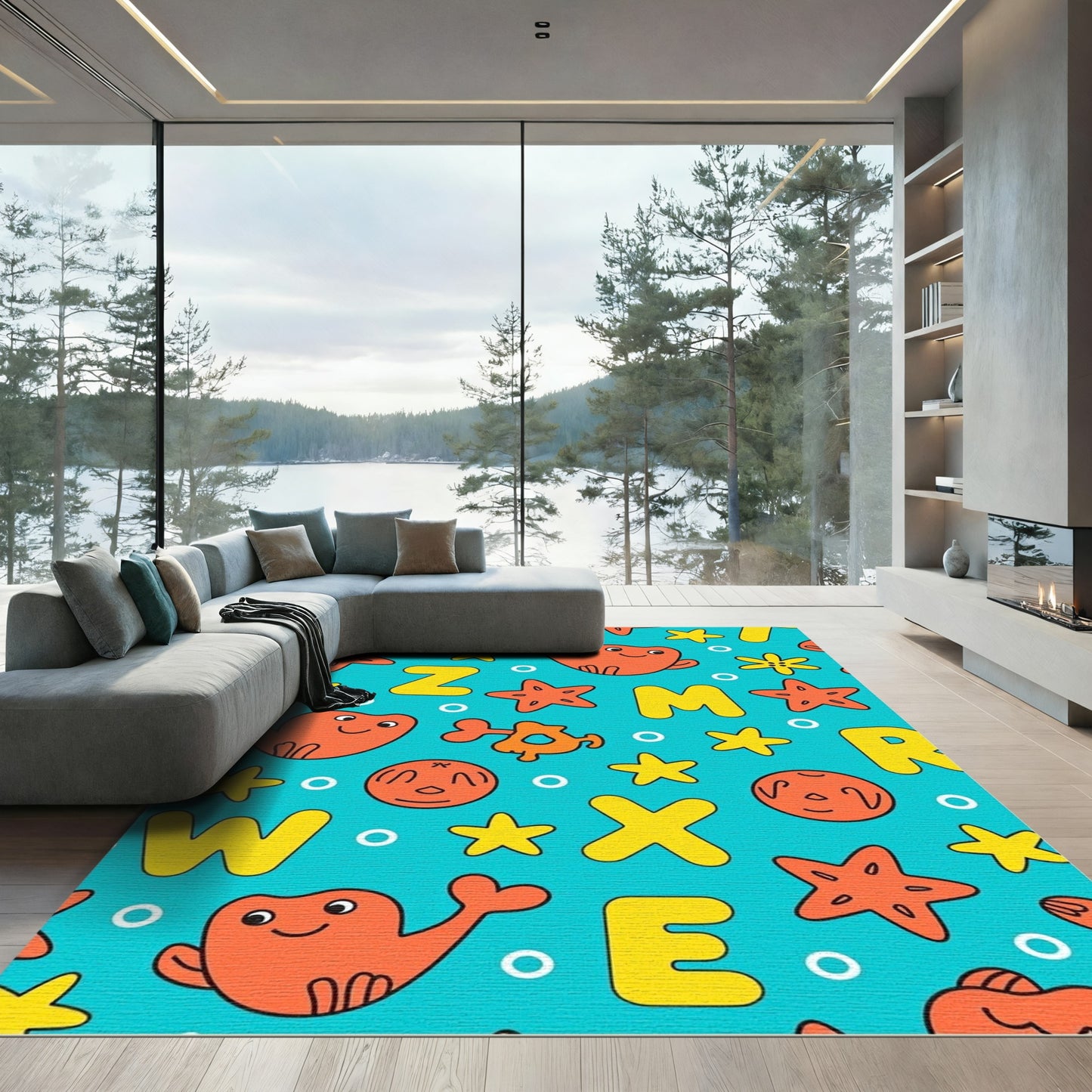 Whimsical Orange Whale Alphabet Aquatic Rug