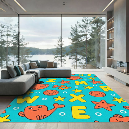 Whimsical Orange Whale Alphabet Aquatic Rug