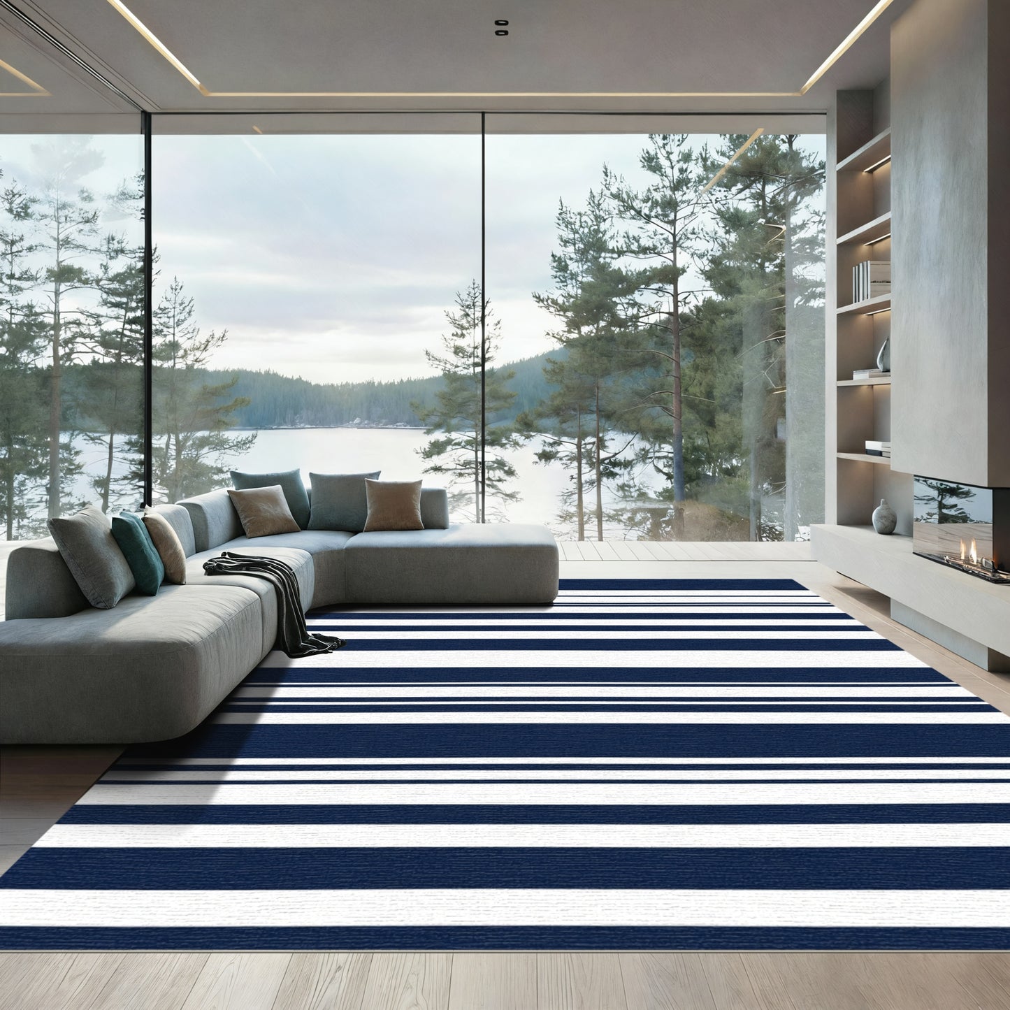 Navy White Varying Stripe Rug