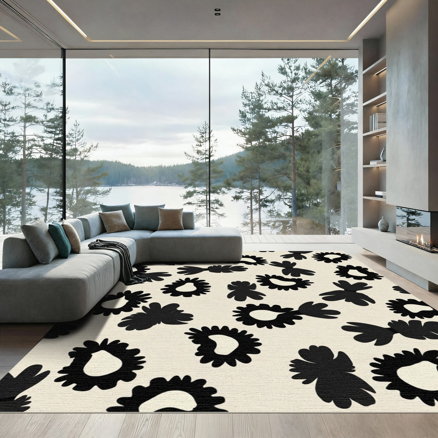 Black Floral Leopard Print Rug