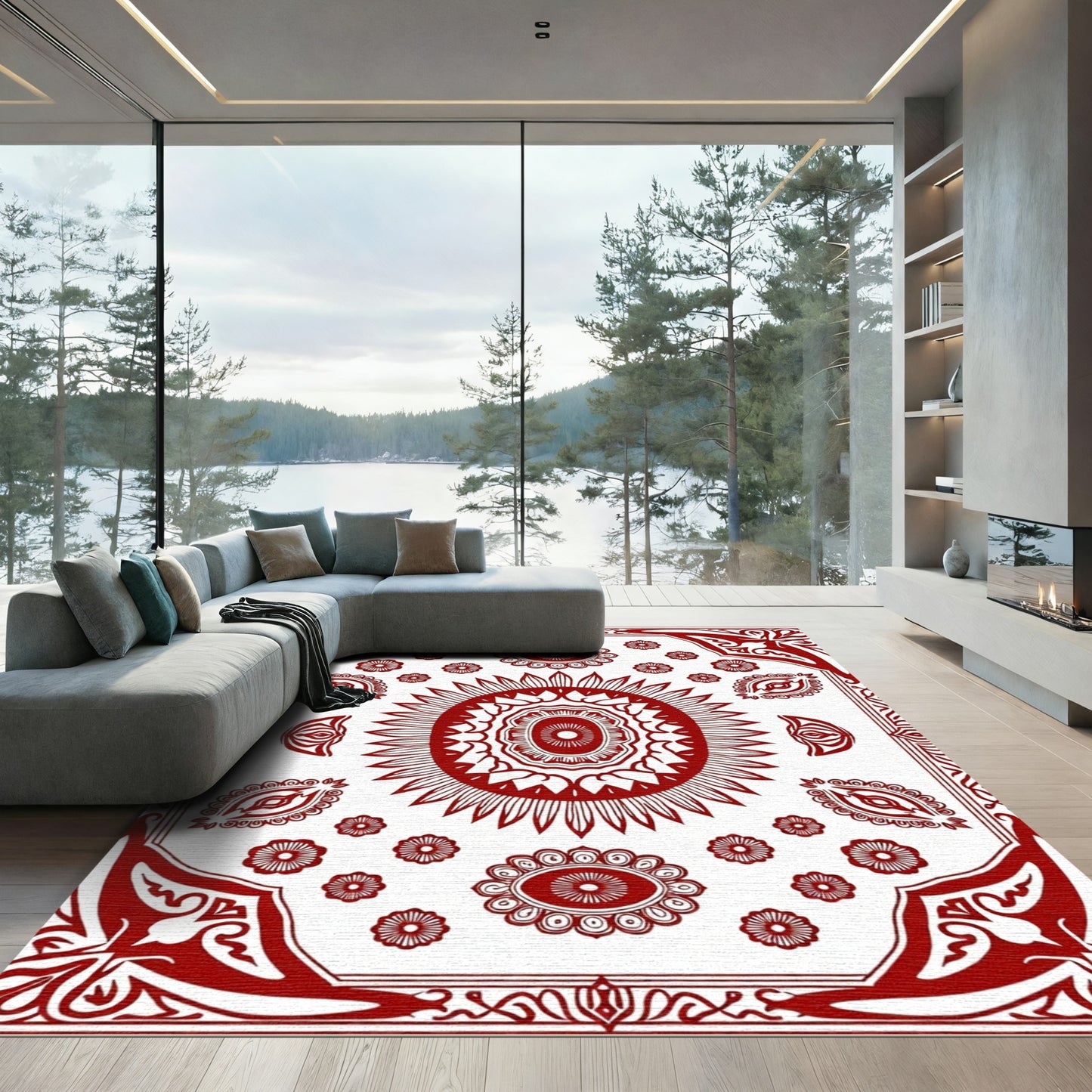 Crimson Sunburst Mandala Medallion Rug