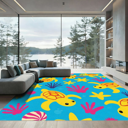 Bright Yellow Turtle Ocean Scene Rug