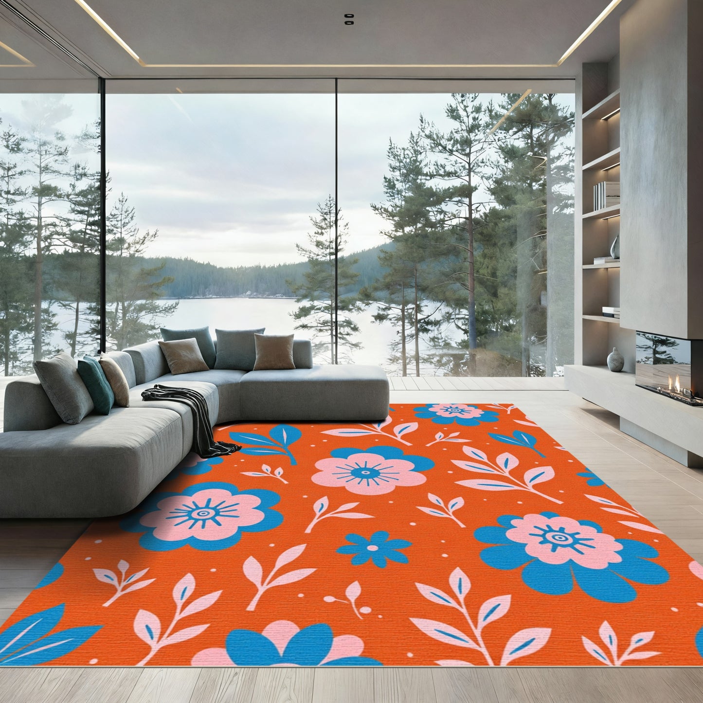 Retro Pink Blue Floral Sprigs Rug