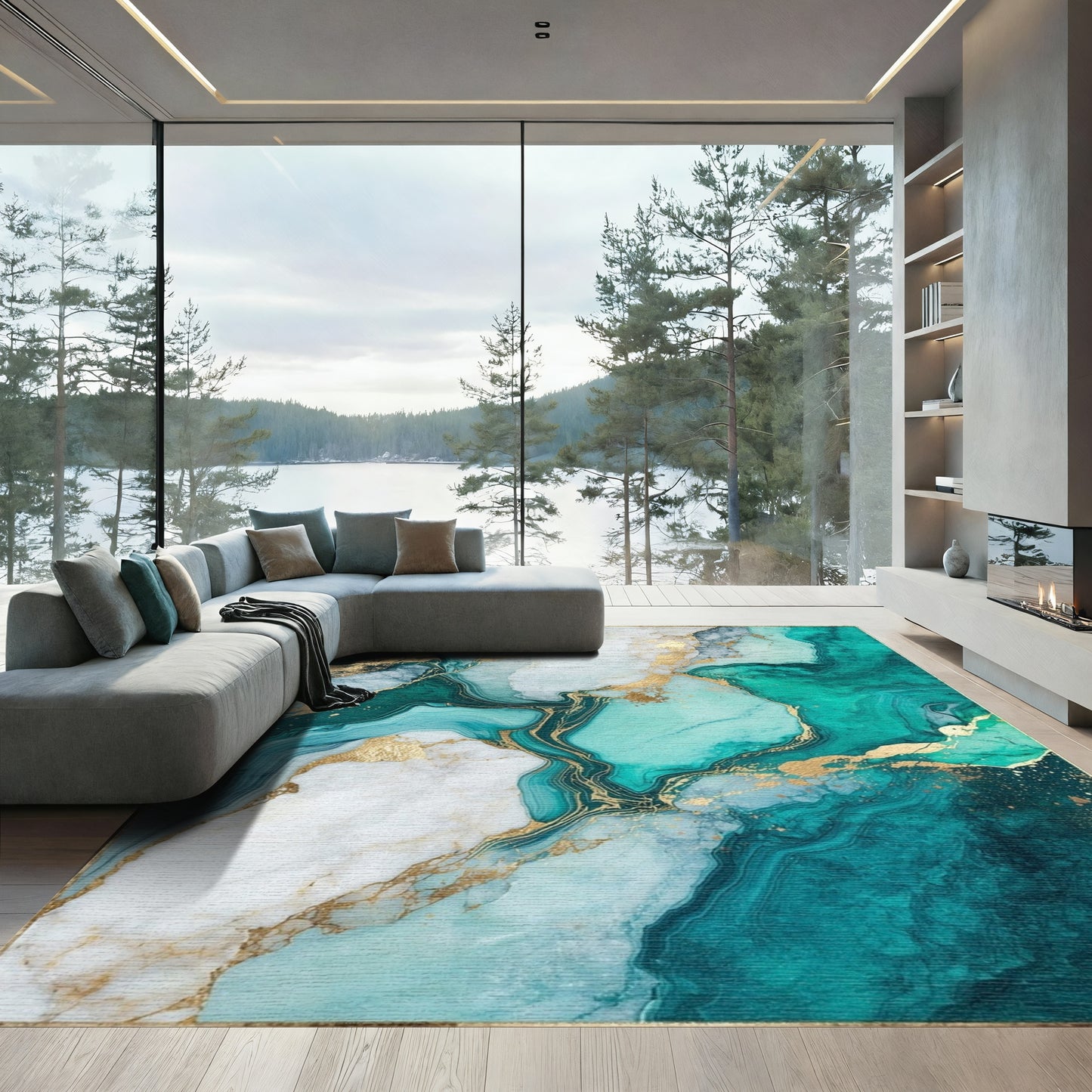 Teal Gold Veined Marble Rug