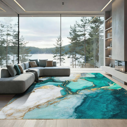 Teal Gold Veined Marble Rug