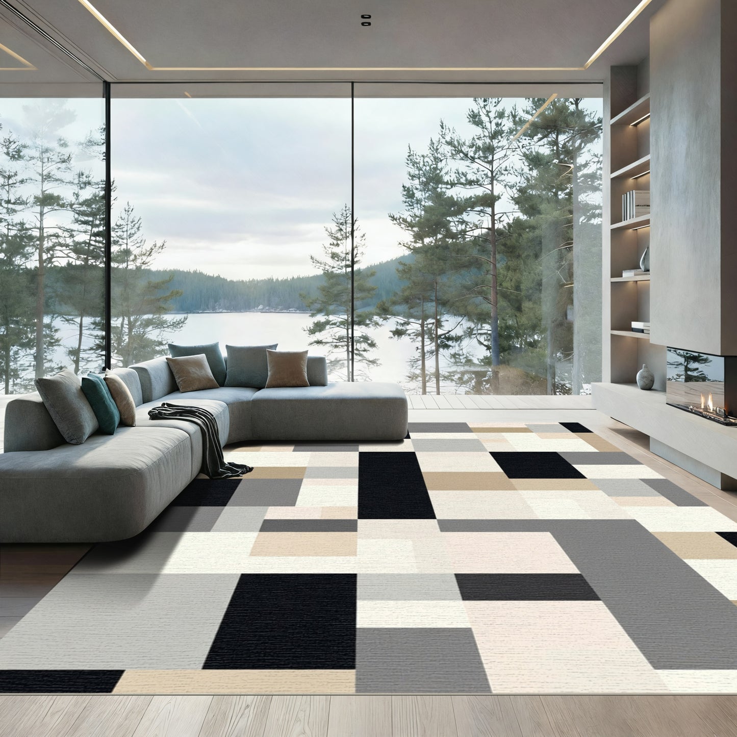 Abstract Rectangular Arrangement Cream Black Rug