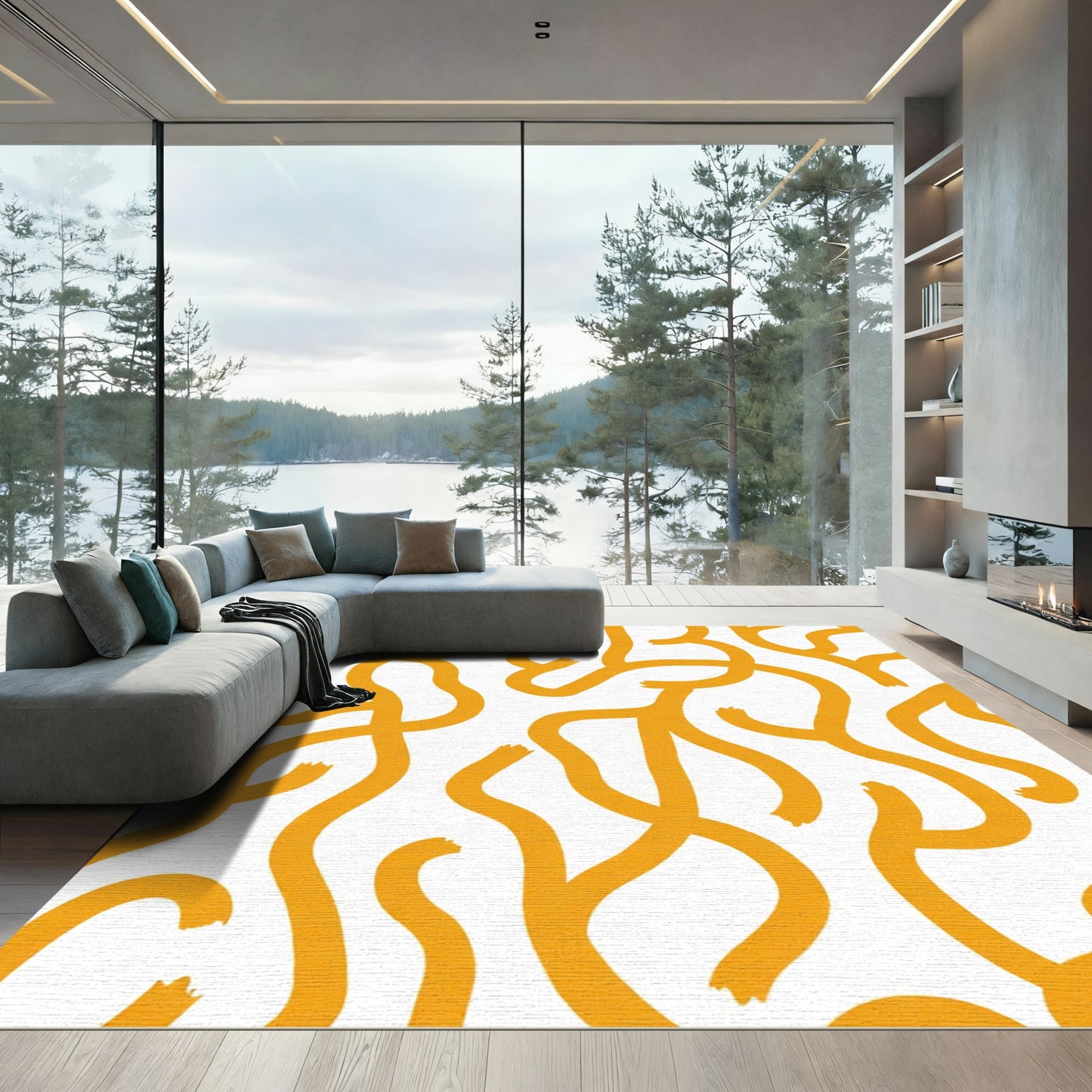 Golden Abstract Organic Lines Rug
