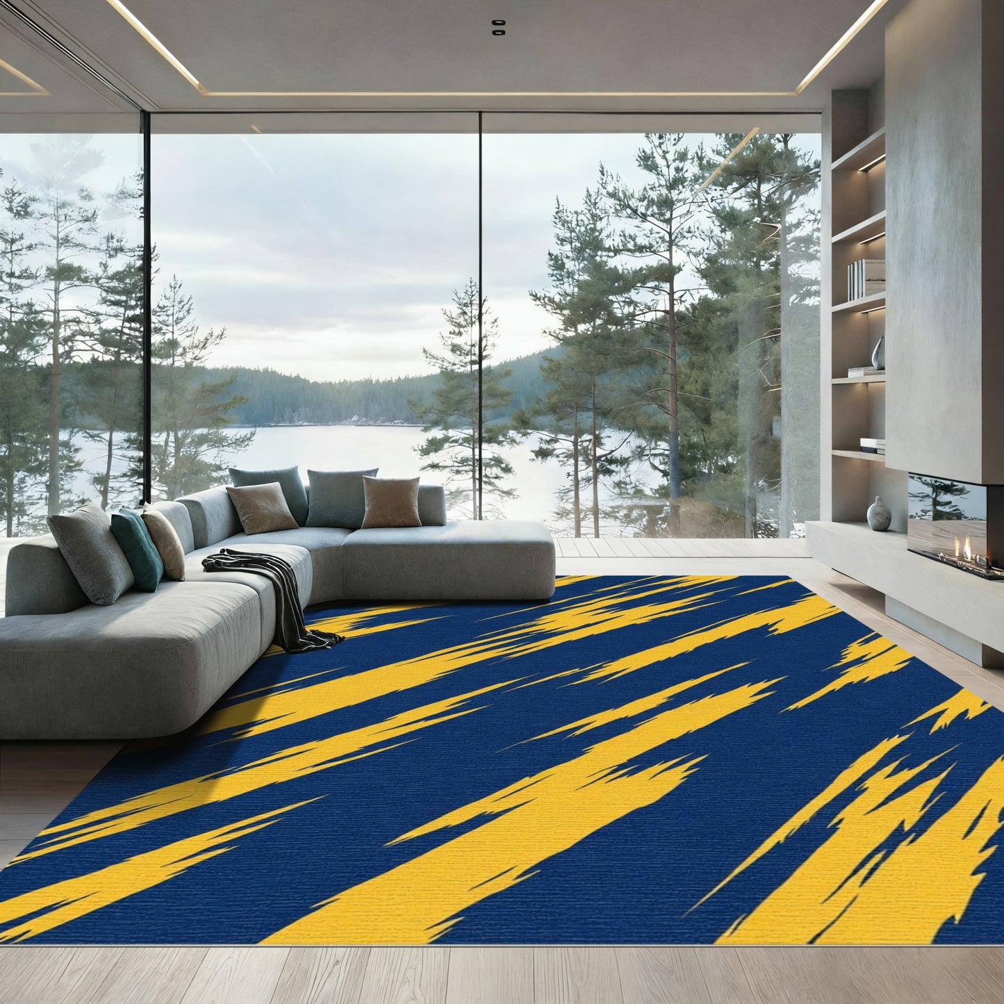 Bold Blue Yellow Brush Stroke Rug