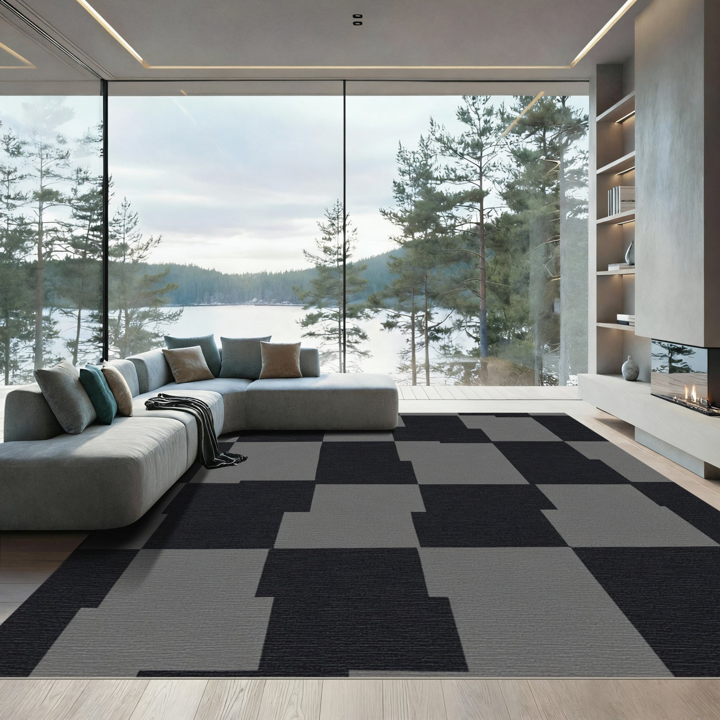 Monochrome Offset Checkered Grid Rug