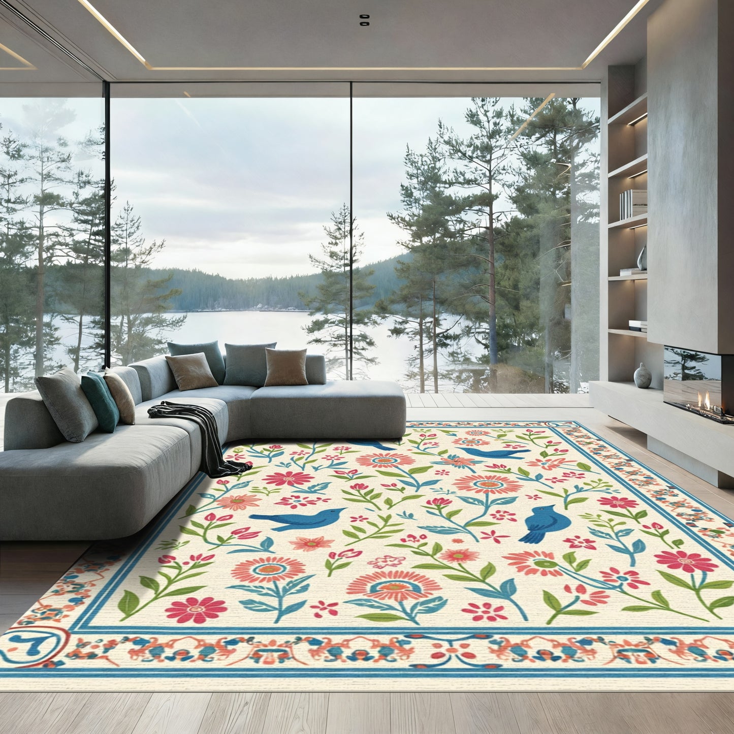 Blue Birds Coral Flowers Garden Border Rug