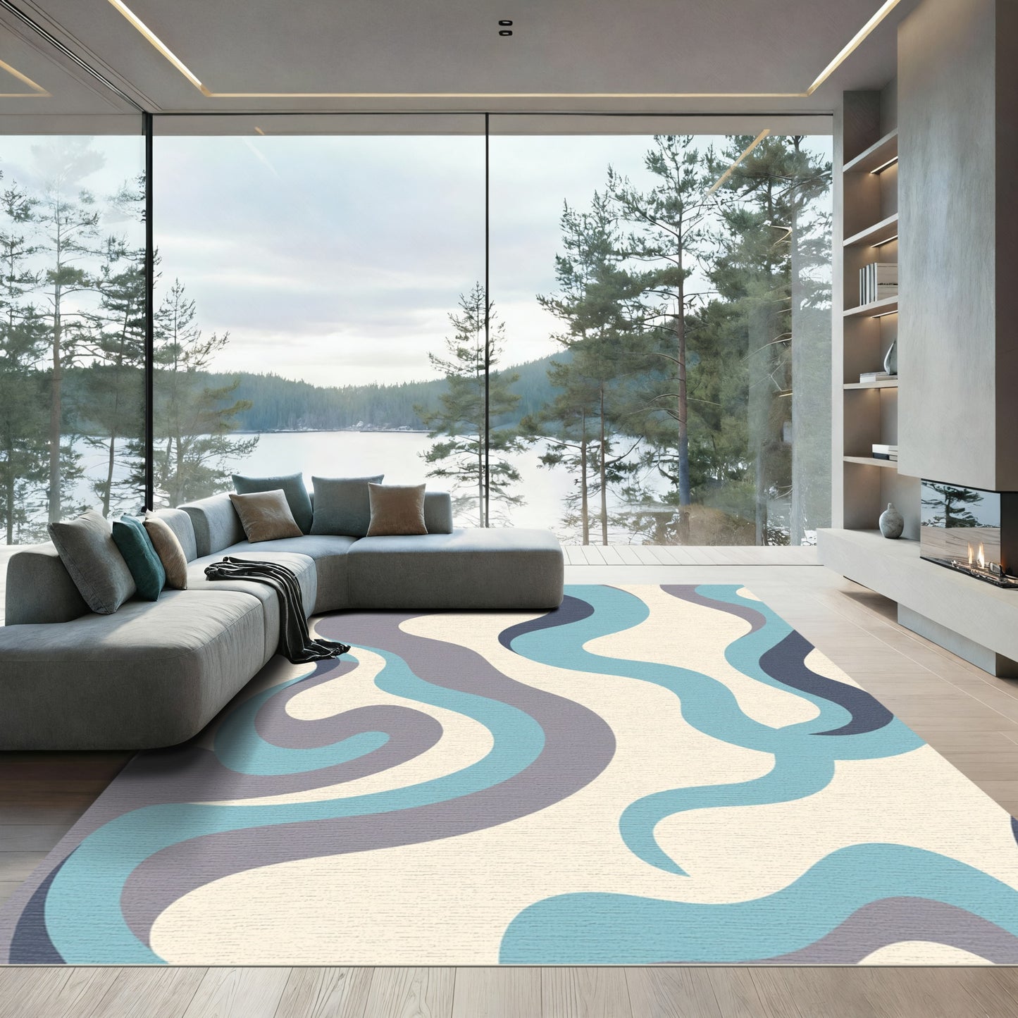 Soft Blue Gray Swirl Waves Rug