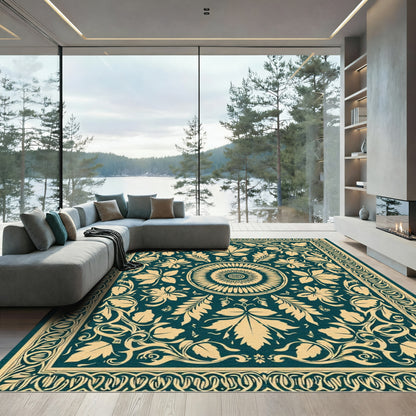 Deep Teal Floral Medallion Border Rug