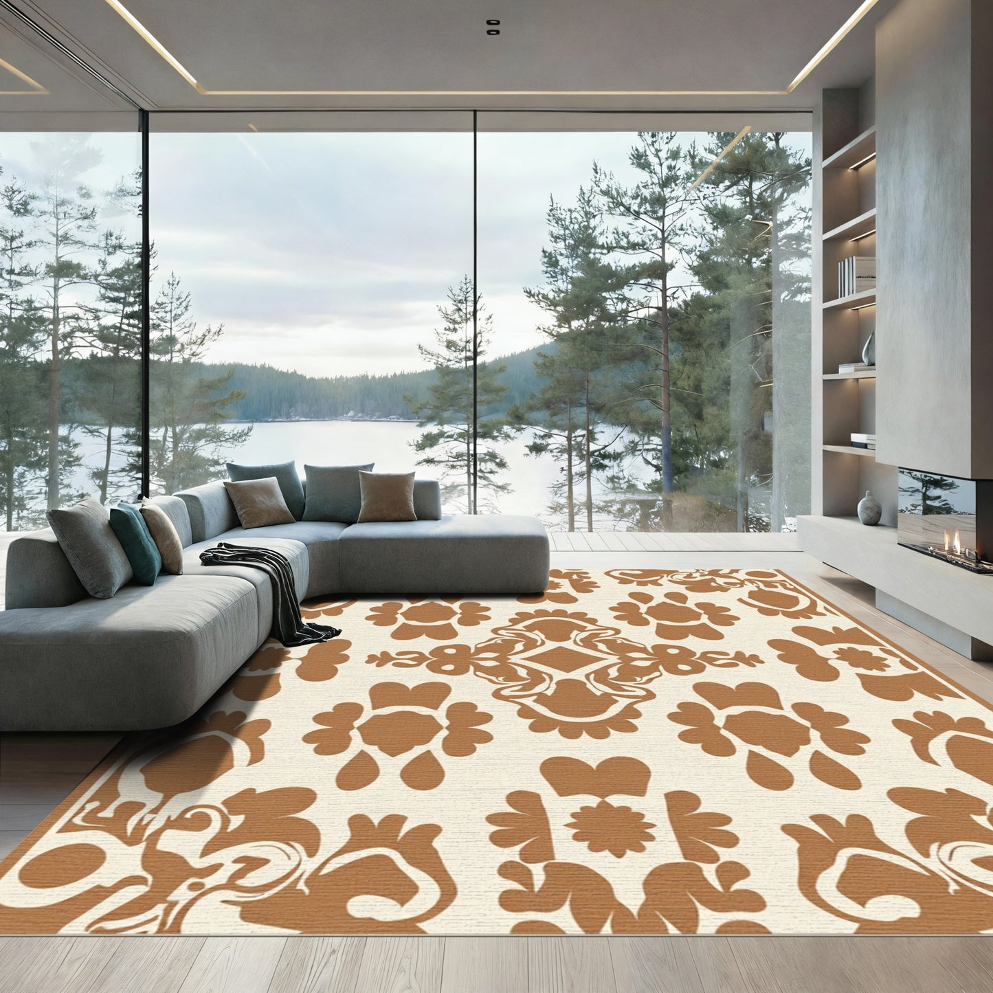 Brown White Ornate Damask Rug