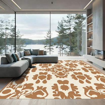 Brown White Ornate Damask Rug